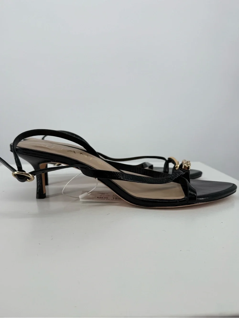ANTONIO MELANI Black Strappy Pointed Toe Slingback Heels with Gold Accent